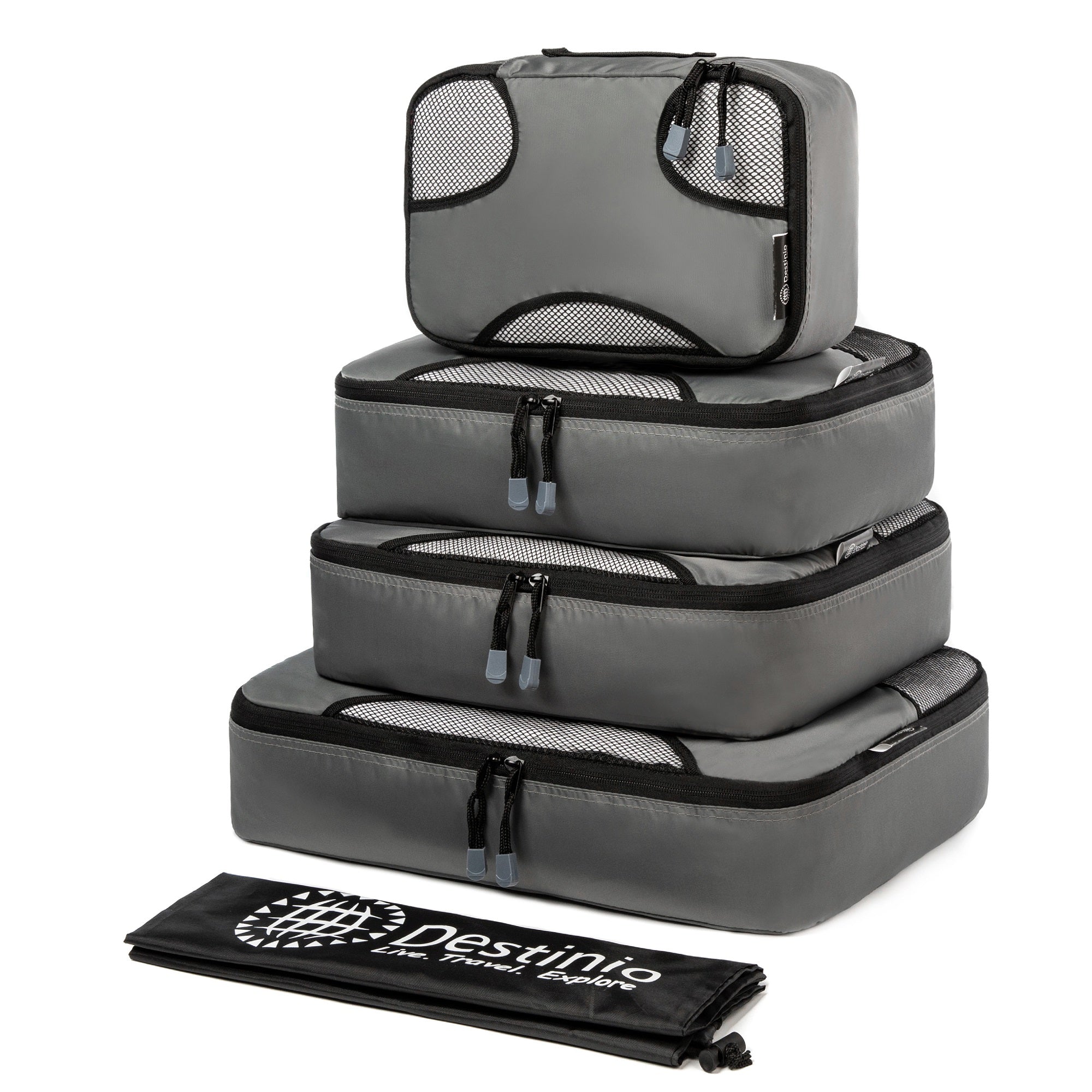 Destinio Travel Packing Cubes, 5 Pc Set, Grey/ Black/ Blue, Polyester Fabric