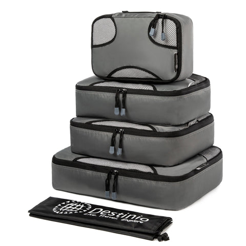 Destinio Travel Packing Cubes, 5 Pc Set, Grey/ Black/ Blue, Polyester Fabric