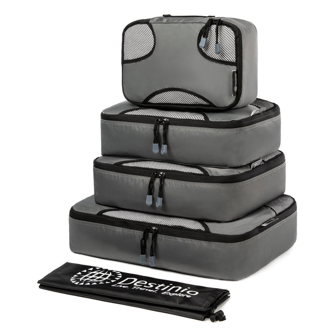 Destinio Travel Packing Cubes, 5 Pc Set, Grey/ Black/ Blue, Polyester Fabric