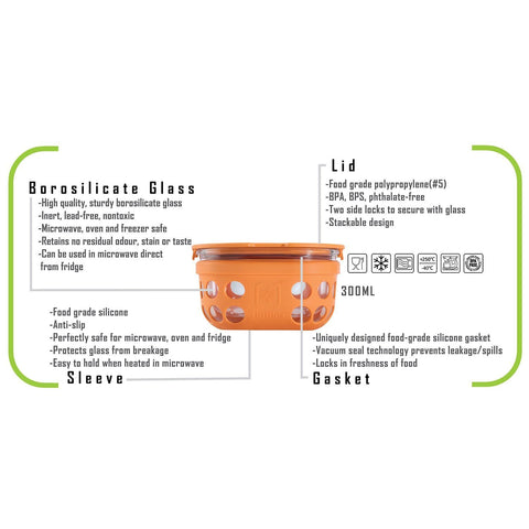 TintBox Borosilicate Glass Food Container with Protective Silicone Sleeve(300ml) - Store, Heat, Serve Lunchware TintBox