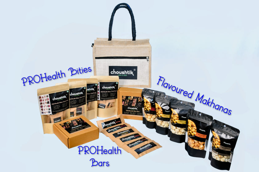 Choushtik PROHealth Bites, Bars & Flavoured Makhana-International Tour Pack 7D-6N (2 boxes of bars, Bities 4 packs, 5 Makhanas)