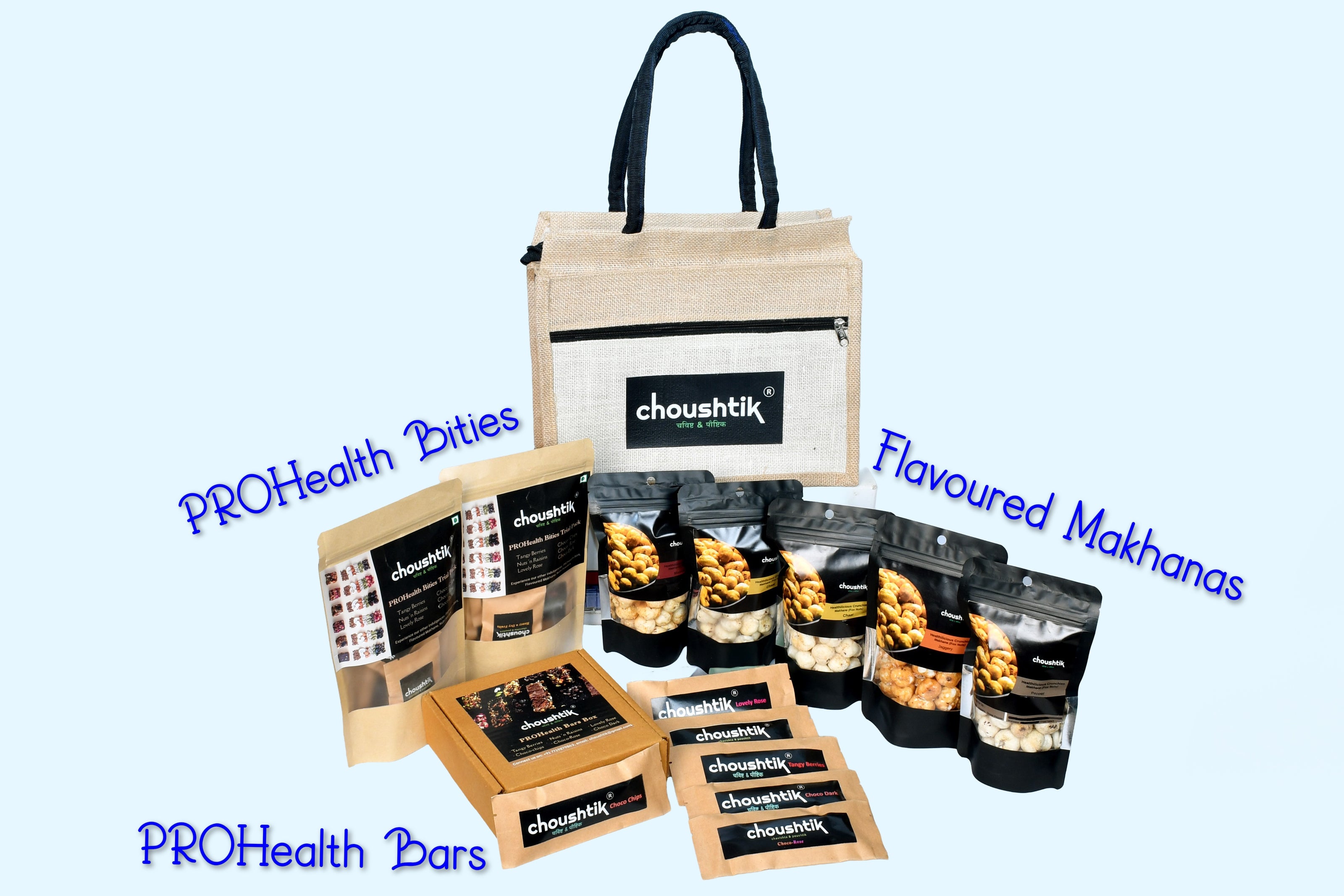 Choushtik PROHealth Bites, Bars & Flavoured Makhana-Includes 4D3N Pack (Box of Bars, 2 Packs of Bites, 5 Flavours of Makhana)