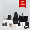 3000_Combo Kesari : Foldable Tote Bag + Netted Pouch (Small / Medium) + Sleek/Compact Chest Bag + Poncho : Trusted Kesari logo + Travel Adapter with Surge Protection + Cross bag: Trusted Kesari logo + Shoulder Bag New