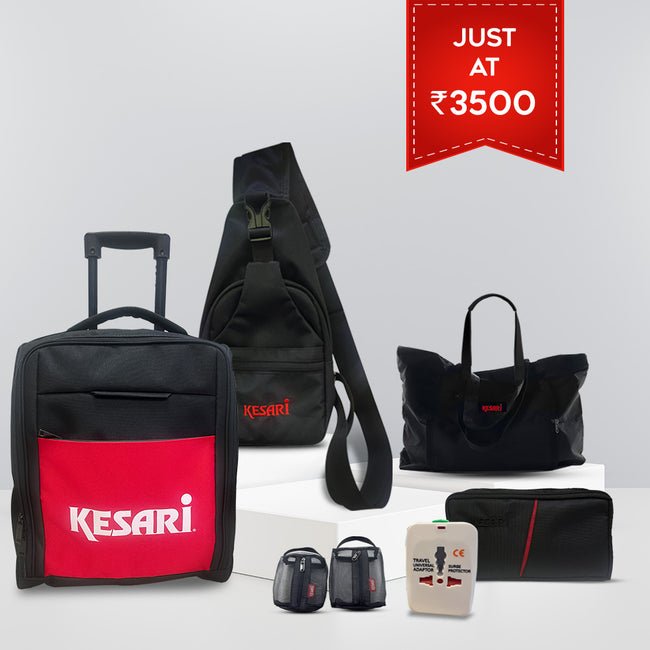 3500_Combo Kesari :Stroller Bag I : Kesari Trusted Logo + Foldable Tote Bag + Netted Pouch (Small / Medium) +Travel Adapter with Surge Protection + Cross Bag + Multiutility pouch