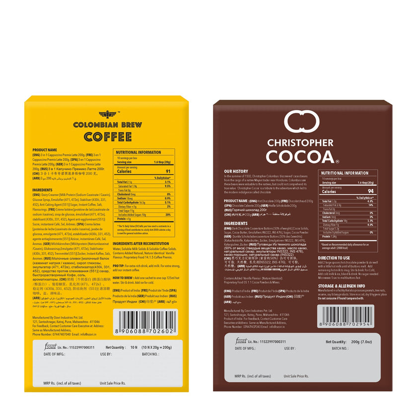 CB 3 in 1 Cappuccino Coffee Premix, CC Hot Cocoa Mix