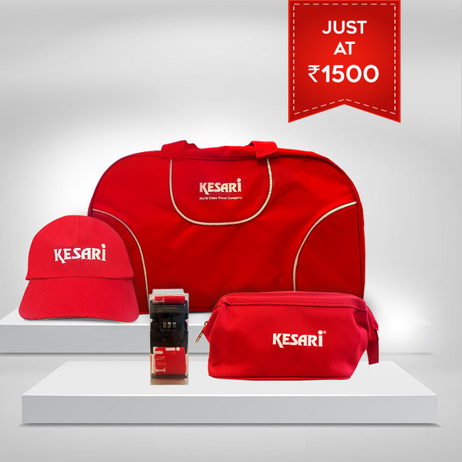 1500_Combo 2 Kesari : Spark Bag + Travel Pouch (Red) + Luggage Belt Kesari/Multi color +  cap