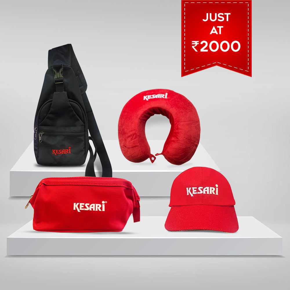 2000_Combo Kesari : Kesari Travel Neck Pillow + Travel Pouch: Trusted Kesari logo + Cross bag: Trusted Kesari logo + Cap : Trusted Kesari Logo