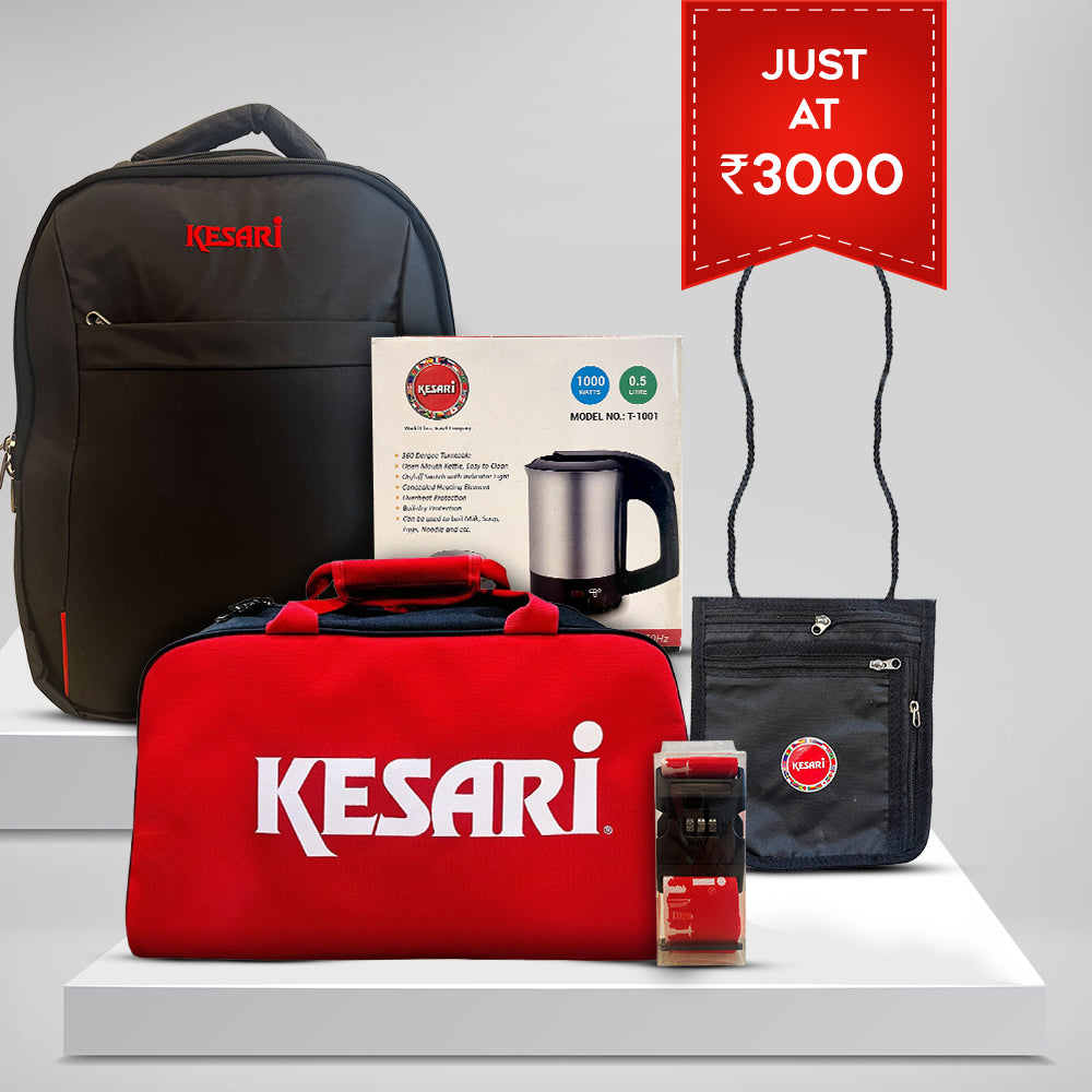 3000_Combo 3 Kesari : Backpack + Luggage Belt + Neck Pouch + Travel Kettle + Duffle Bag