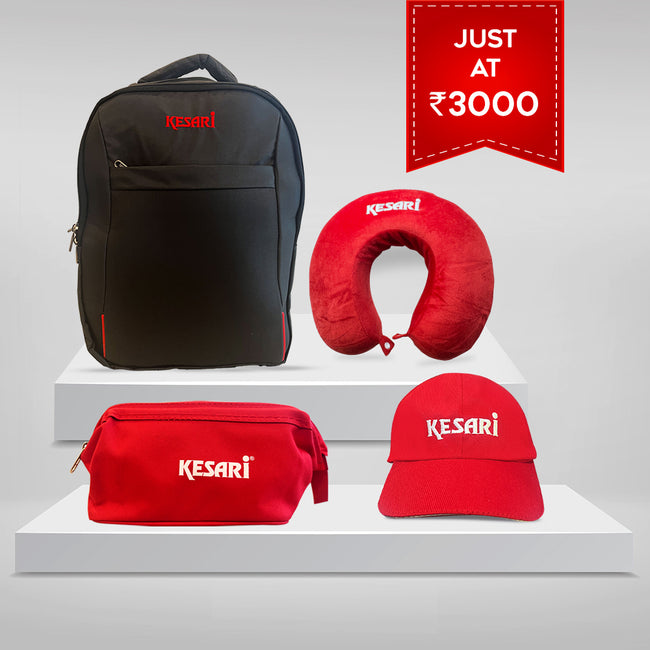 3000_Combo  Kesari : Kesari Travel Neck Pillow + Backpack + Cap + Travel Pouch (Red)