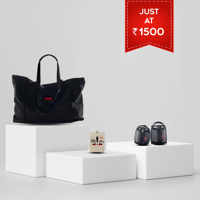 1500_Combo : Foldabale Tote Bag, Travel Adapter , Netted Pouch