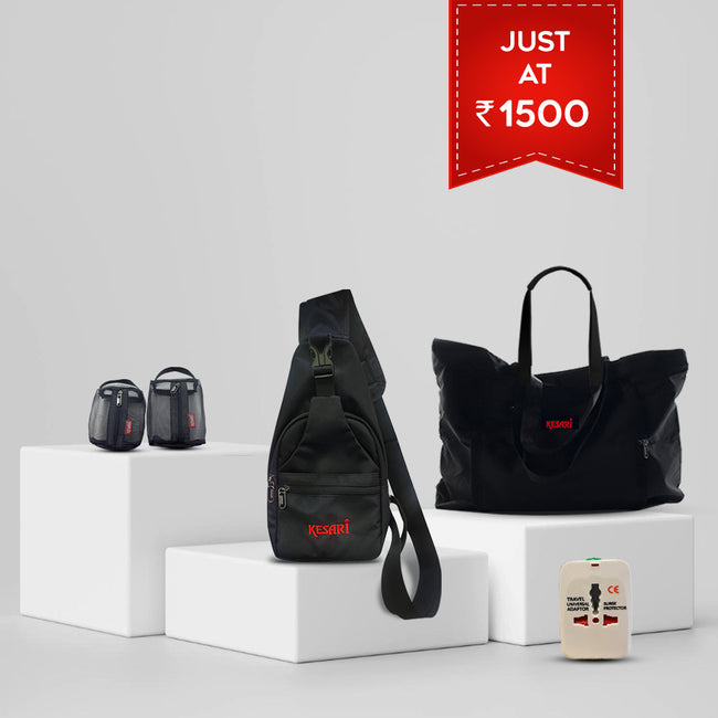 1500_Combo : Netted pouch , Foldable Tote Bag ,Cross bag & Travel adapter