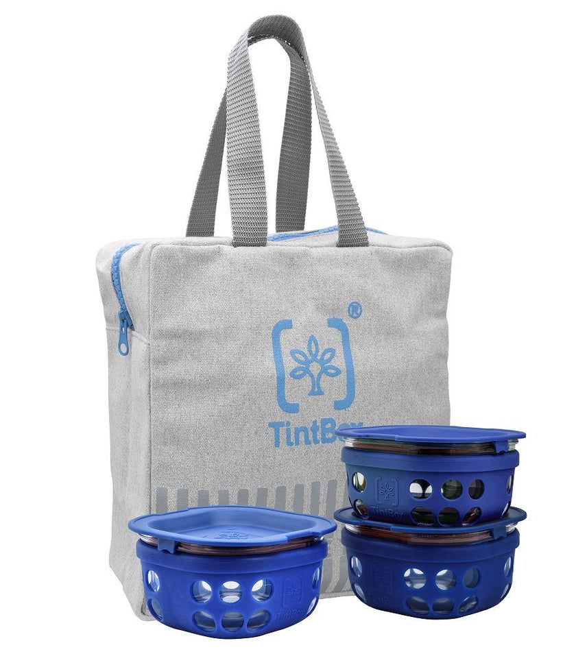 Borosilicate Glass Lunch Box-Set Of 3- with Canvas Carry Bag - Tintbox Combo TintBox Blue 