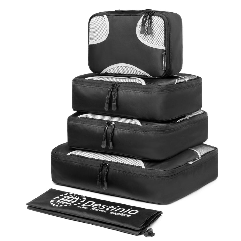 Destinio Travel Packing Cubes, 5 Pc Set, Grey/ Black/ Blue, Polyester Fabric