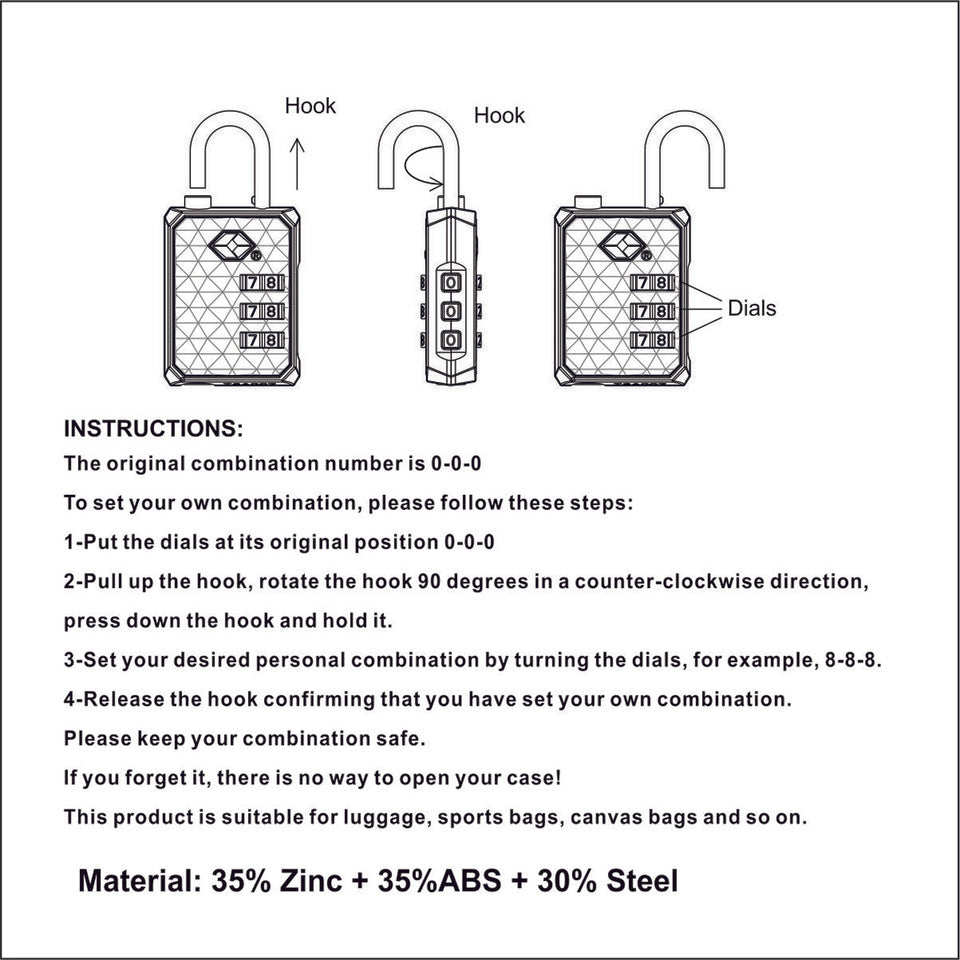 3 Dial Travel Security Luggage Combination Number Padlock