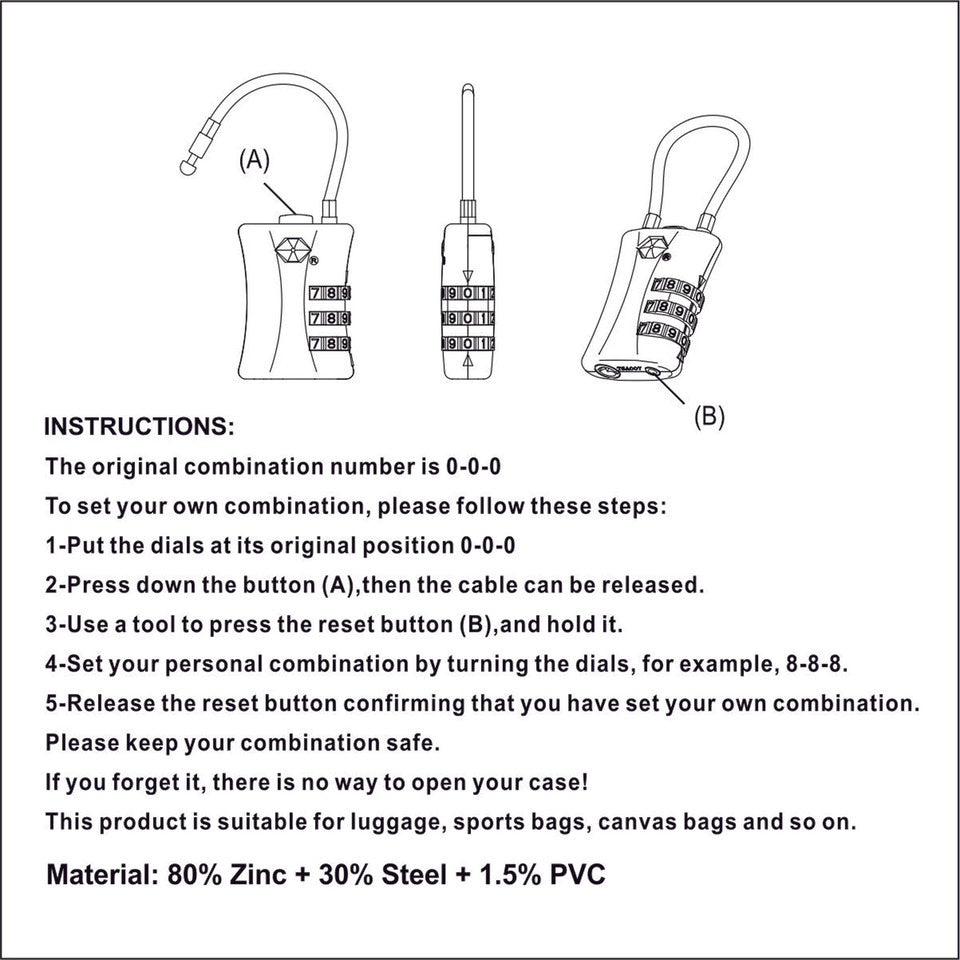 3 Dial Resettable Combination Cable Padlock